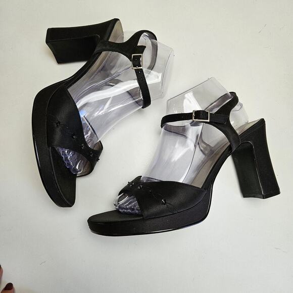 Y2K Unlisted Wedge Heels Women's 10‎ Black Satin Sequin Ankle Strap Sandals - Picture 7 of 12